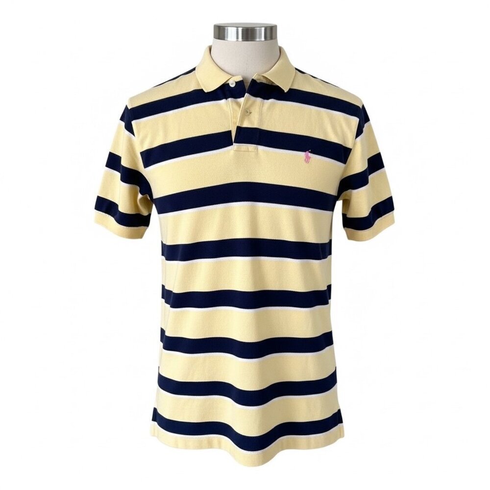 Polo by Ralph Lauren Yellow Striped Polo Pique Knit Vintage 100% Cotton Size XL